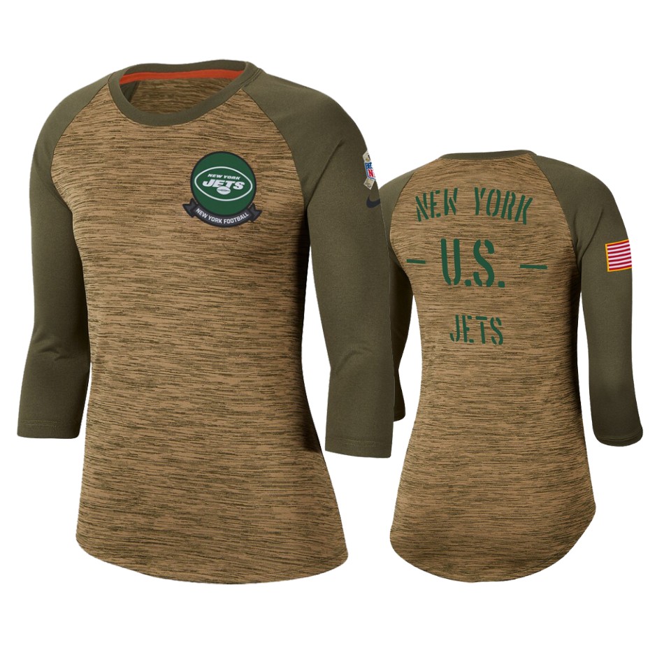 Women's New York Jets Khaki 2019 Salute to Service Legend Scoopneck Raglan 3/4 Sleeve T-Shirt(Run Small)